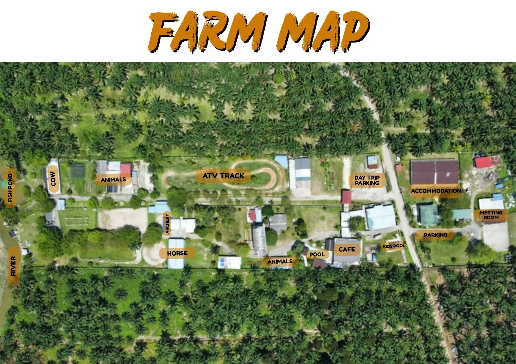 The resort’s illustrated farm map: a labelled aerial of the River, Horses, ATV Track, Cafe, Adults’ Pool, Kids’ Pool and Rooms