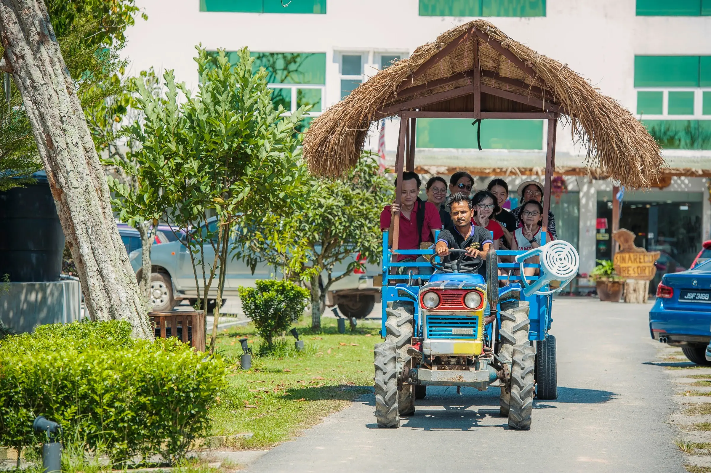 Guests ride the thatched-roof tractor wagon along the resort road